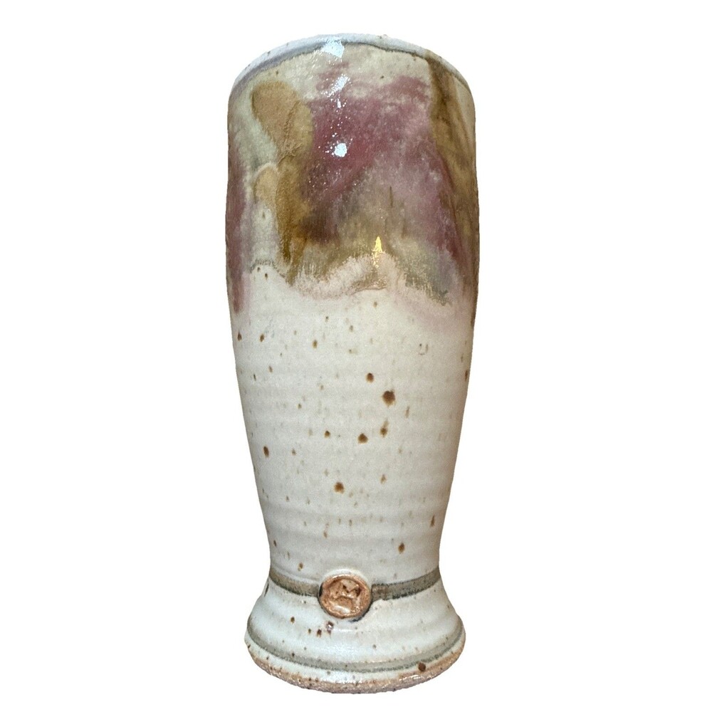 VTG Studio Pottery Vase Abstract Stoneware 6.5” Rose Earth tone Stamp Signed